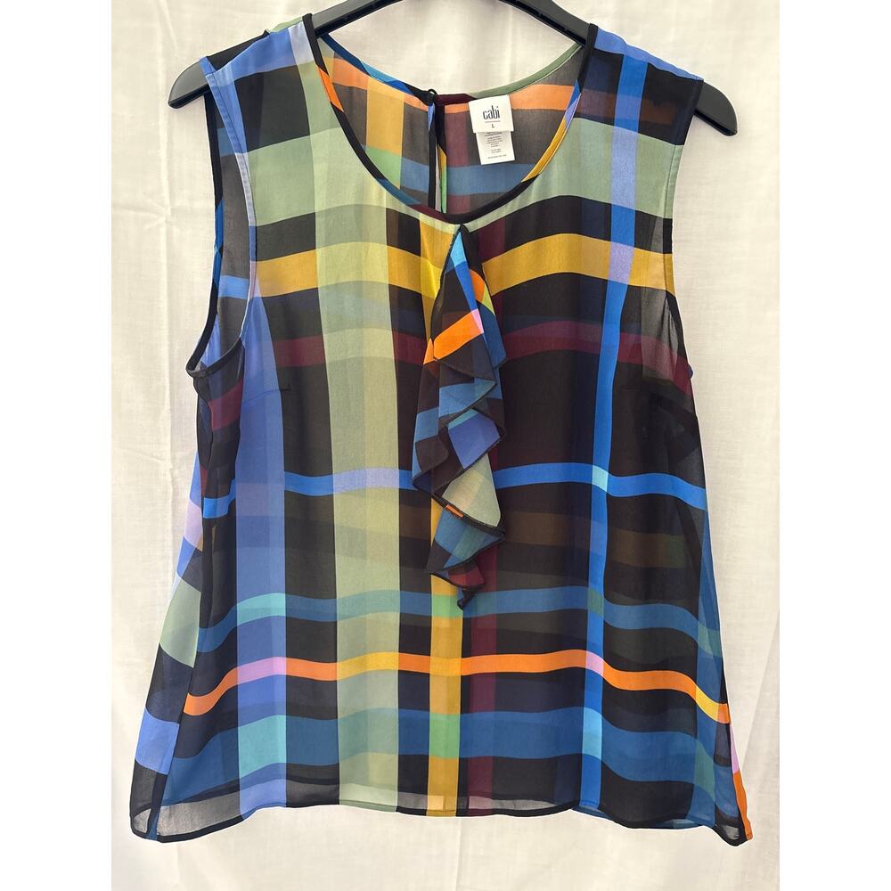 Cabi #3865 Going Out Top Large plaid ruffles sheer lightweight Sleeveless Blouse